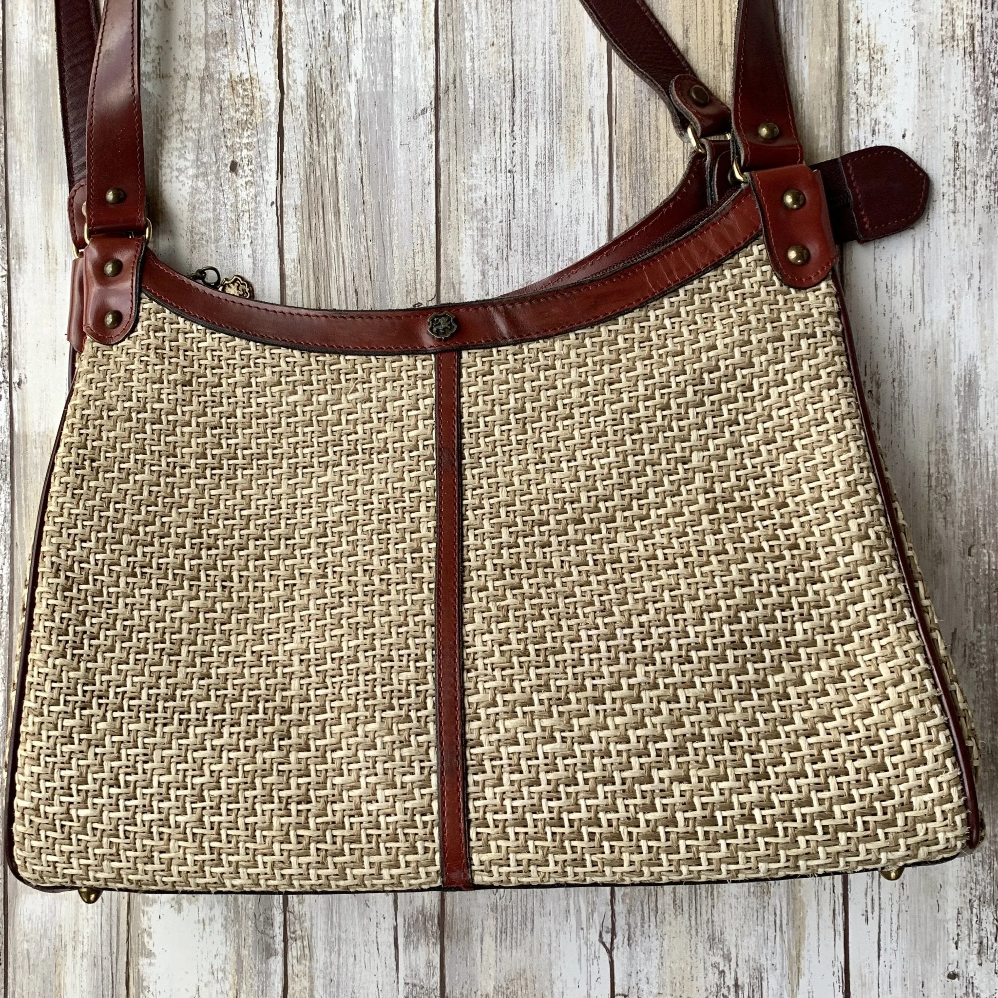 1970s Straw and Leather Purse by John Romain. Perfect Spring / Summer Bag.