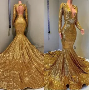 2024 Sexy Mermaid Gold V Neck Backless Long Sleeves Sequence African American Prom Dresses