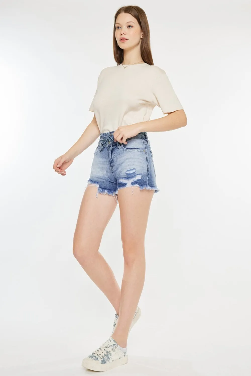 Acid Wash High Rise Frayed Hem Denim Shorts