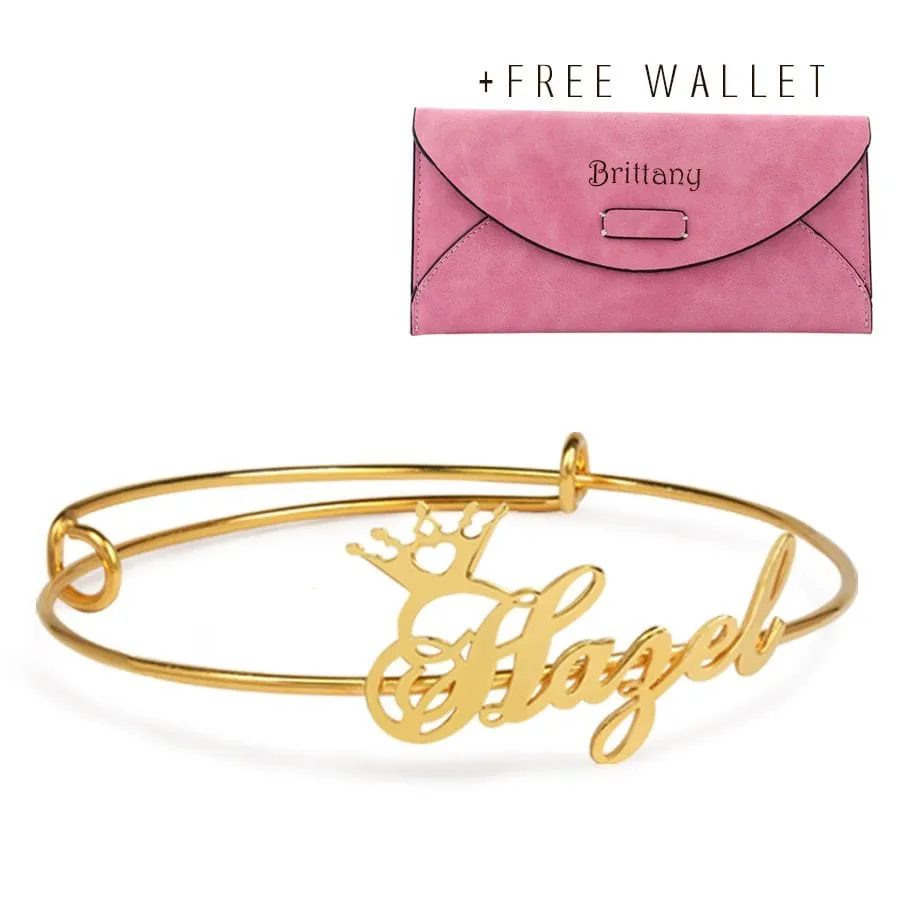 Adjustable Name Crown Bangle with FREE Wallet