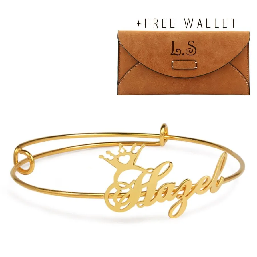 Adjustable Name Crown Bangle with FREE Wallet