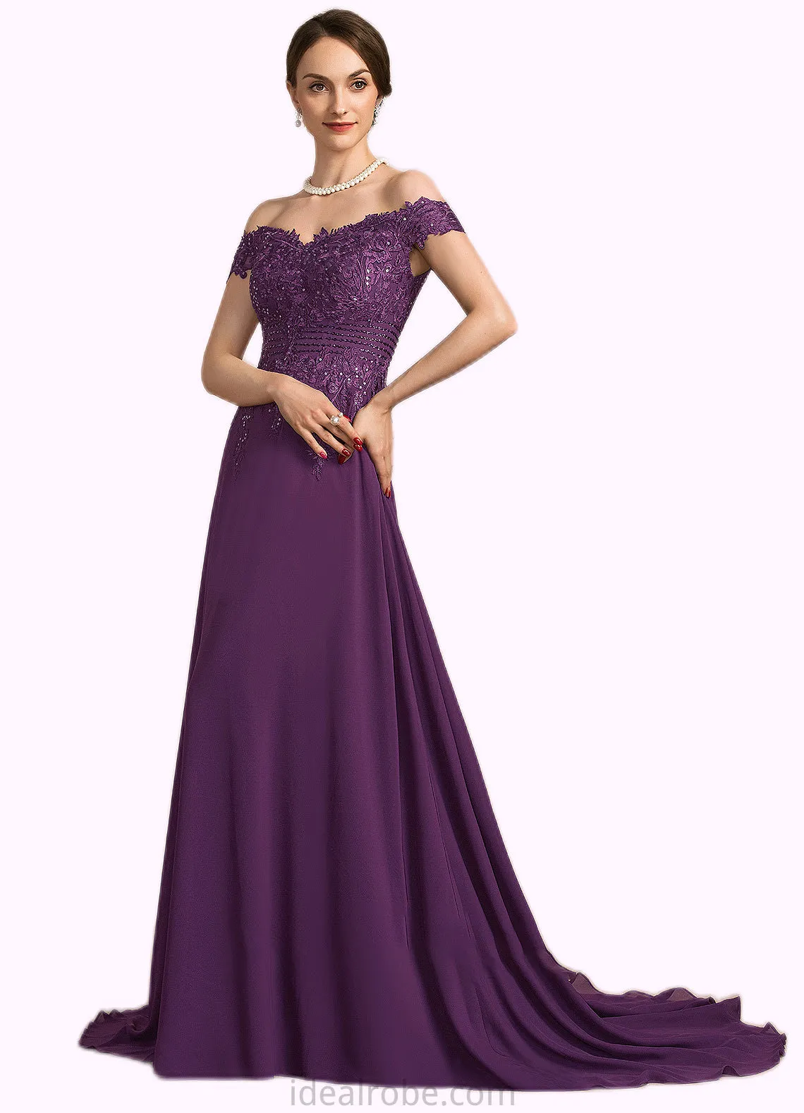 Aleena A-Line Off-the-Shoulder Sweep Train Chiffon Lace Mother of the Bride Dress With Beading Sequins STK126P0014801