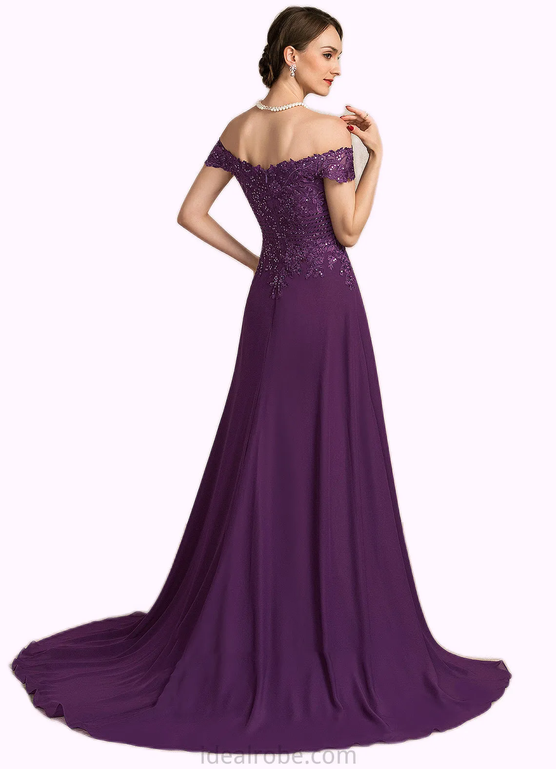 Aleena A-Line Off-the-Shoulder Sweep Train Chiffon Lace Mother of the Bride Dress With Beading Sequins STK126P0014801