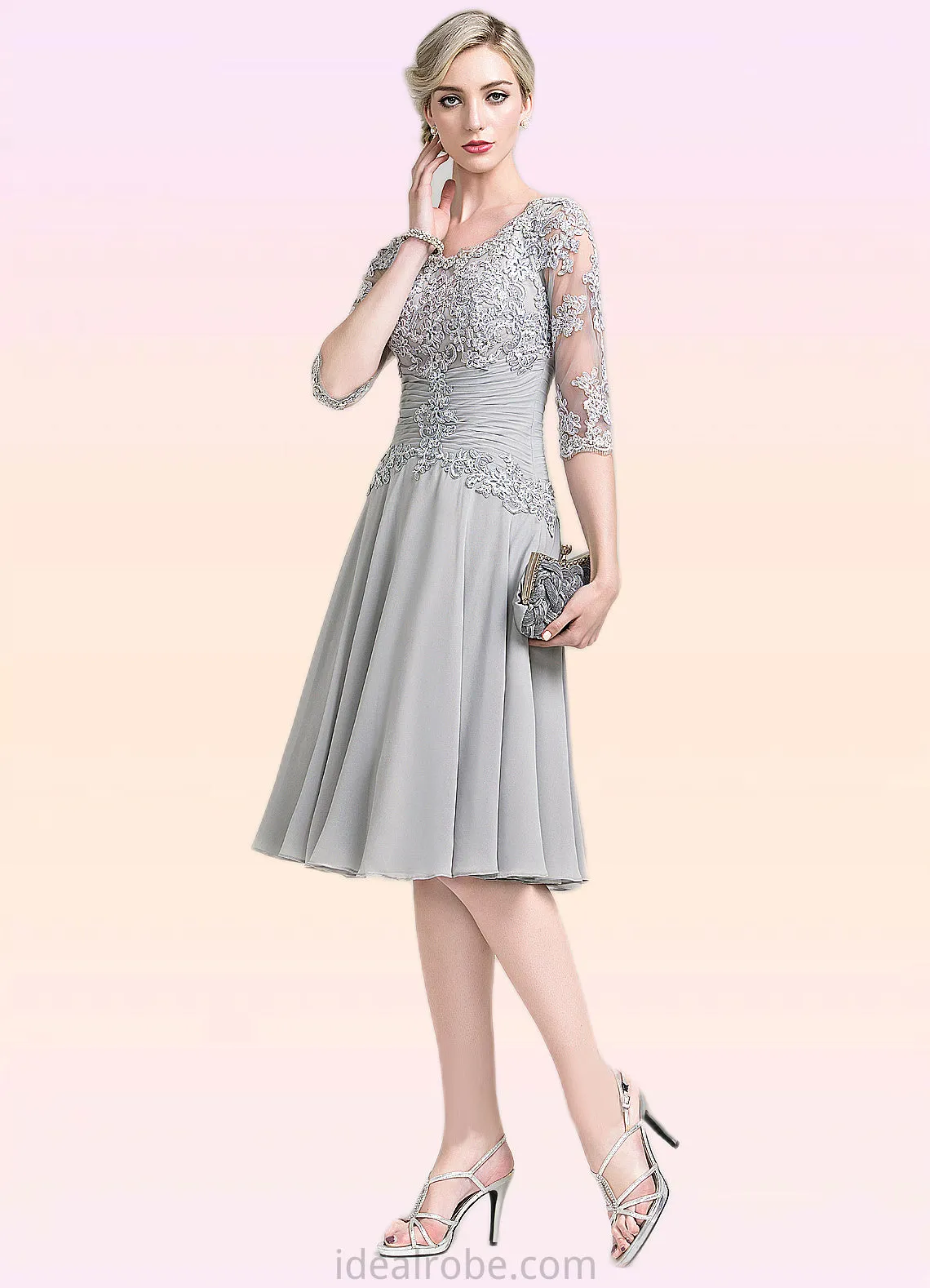 Ali A-Line Scoop Neck Knee-Length Chiffon Mother of the Bride Dress With Ruffle Appliques Lace STK126P0014715