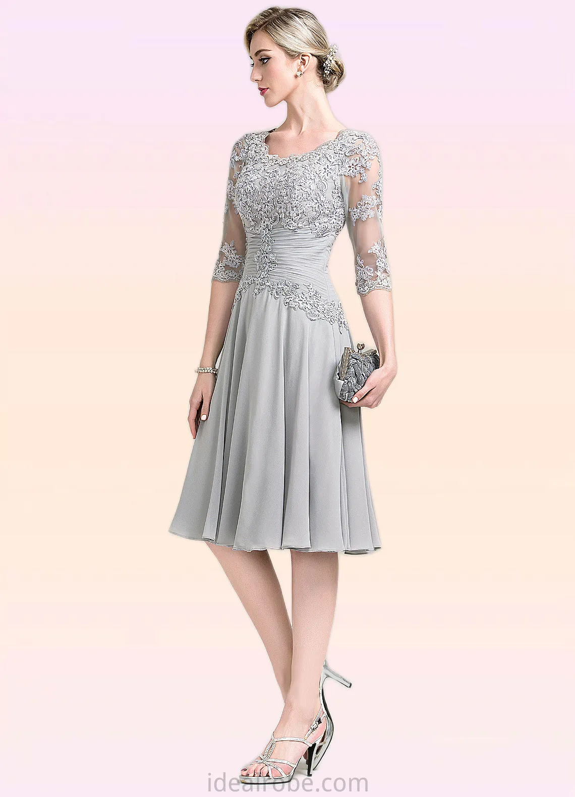 Ali A-Line Scoop Neck Knee-Length Chiffon Mother of the Bride Dress With Ruffle Appliques Lace STK126P0014715