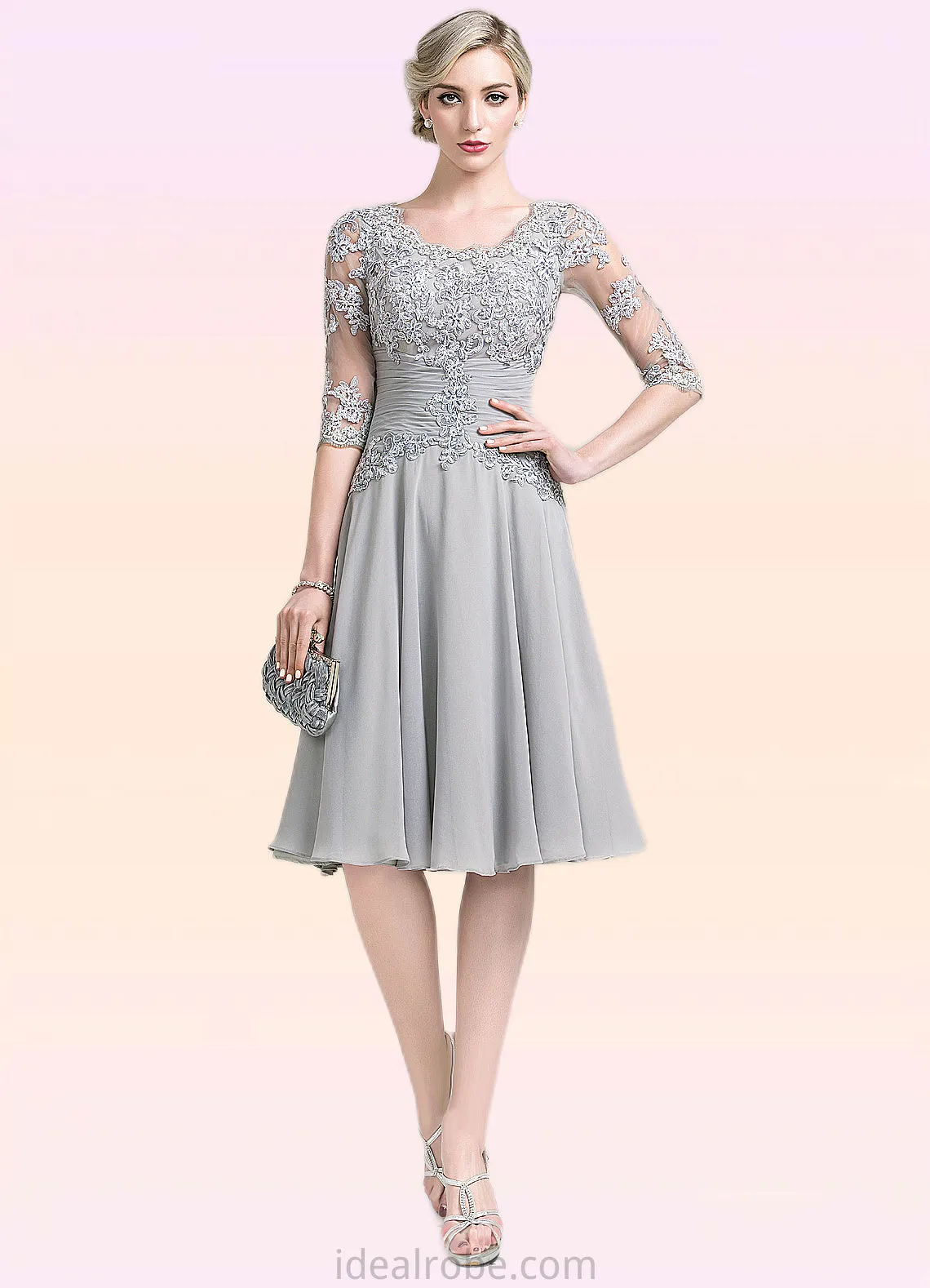 Ali A-Line Scoop Neck Knee-Length Chiffon Mother of the Bride Dress With Ruffle Appliques Lace STK126P0014715