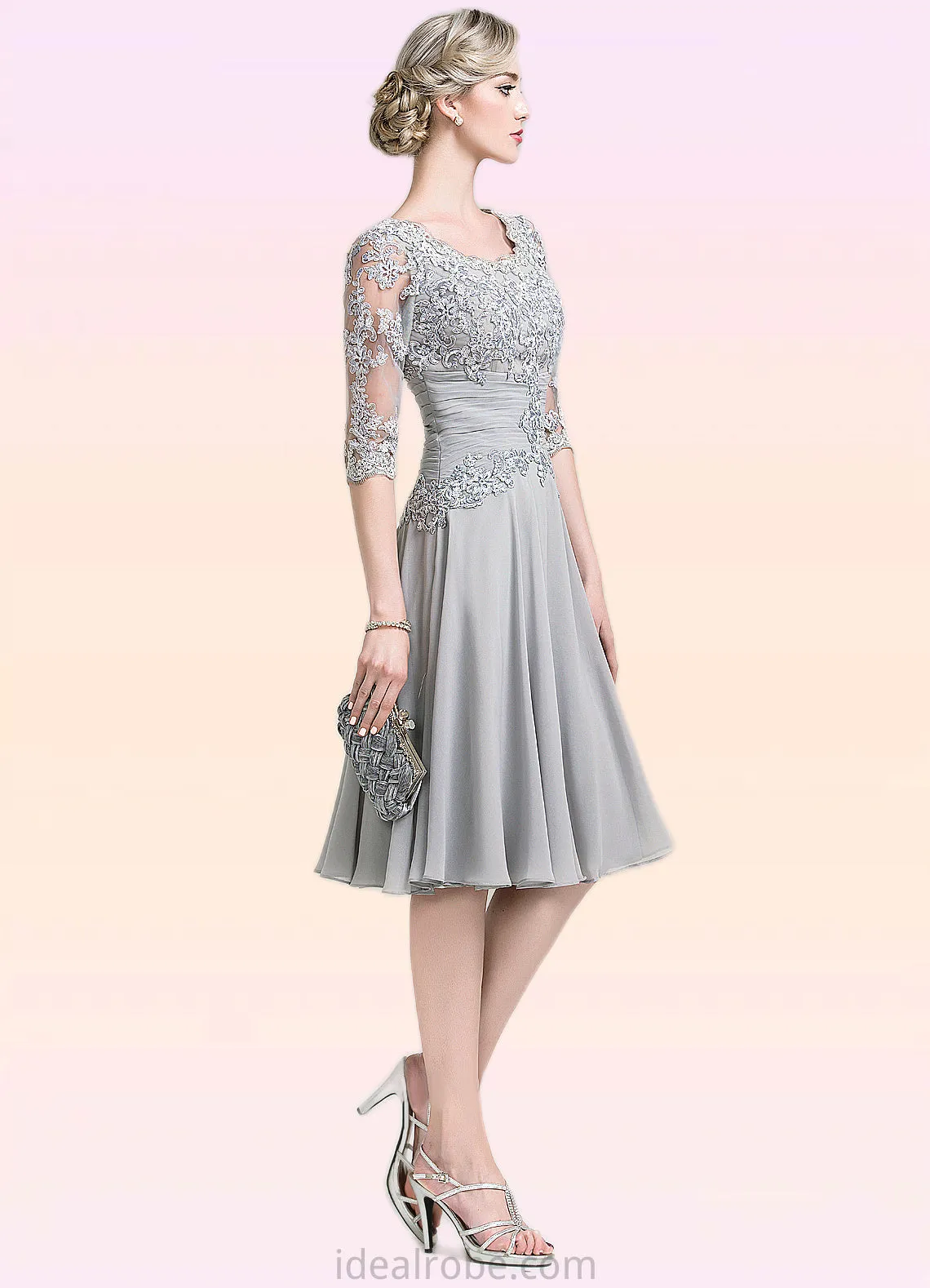 Ali A-Line Scoop Neck Knee-Length Chiffon Mother of the Bride Dress With Ruffle Appliques Lace STK126P0014715