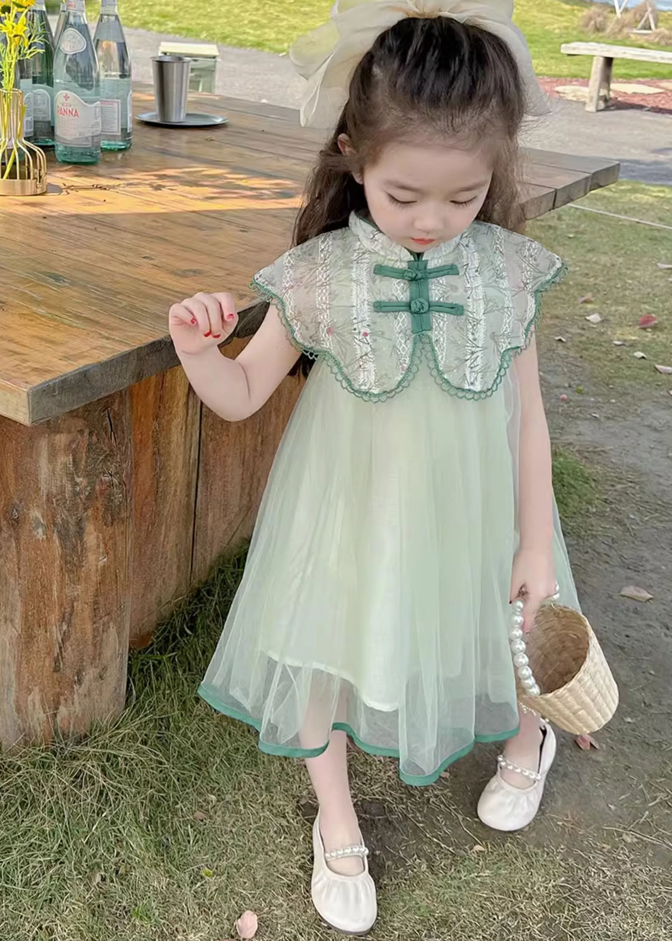 Art Green Embroideried Patchwork Button Tulle Girls Vacation Maxi Dresses Summer MN006