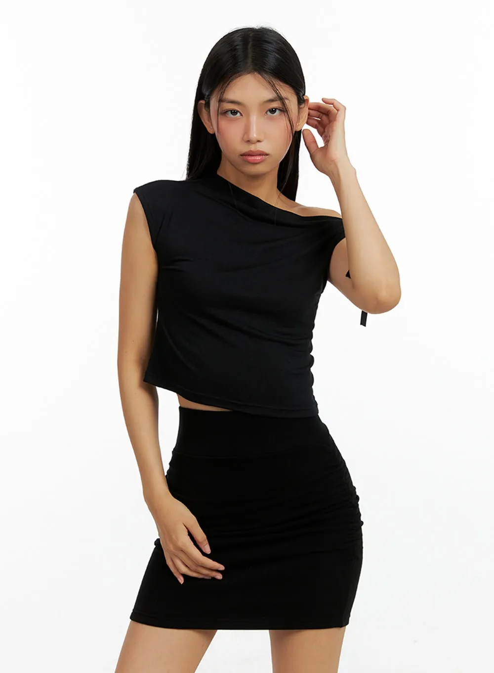 Asymmetrical Ribbon One-Shoulder Crop Top IL419