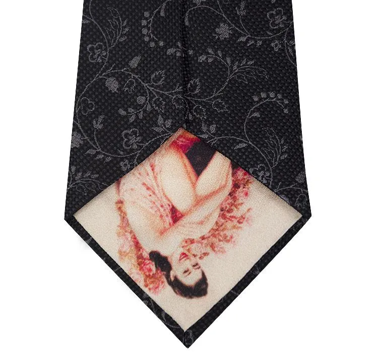 Black and Grey Floral Design Silk Tie