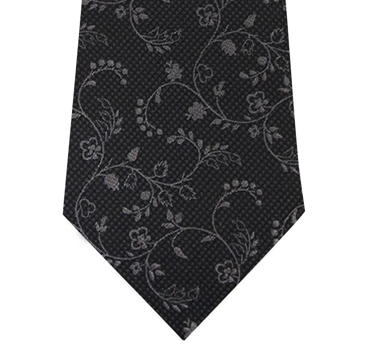 Black and Grey Floral Design Silk Tie