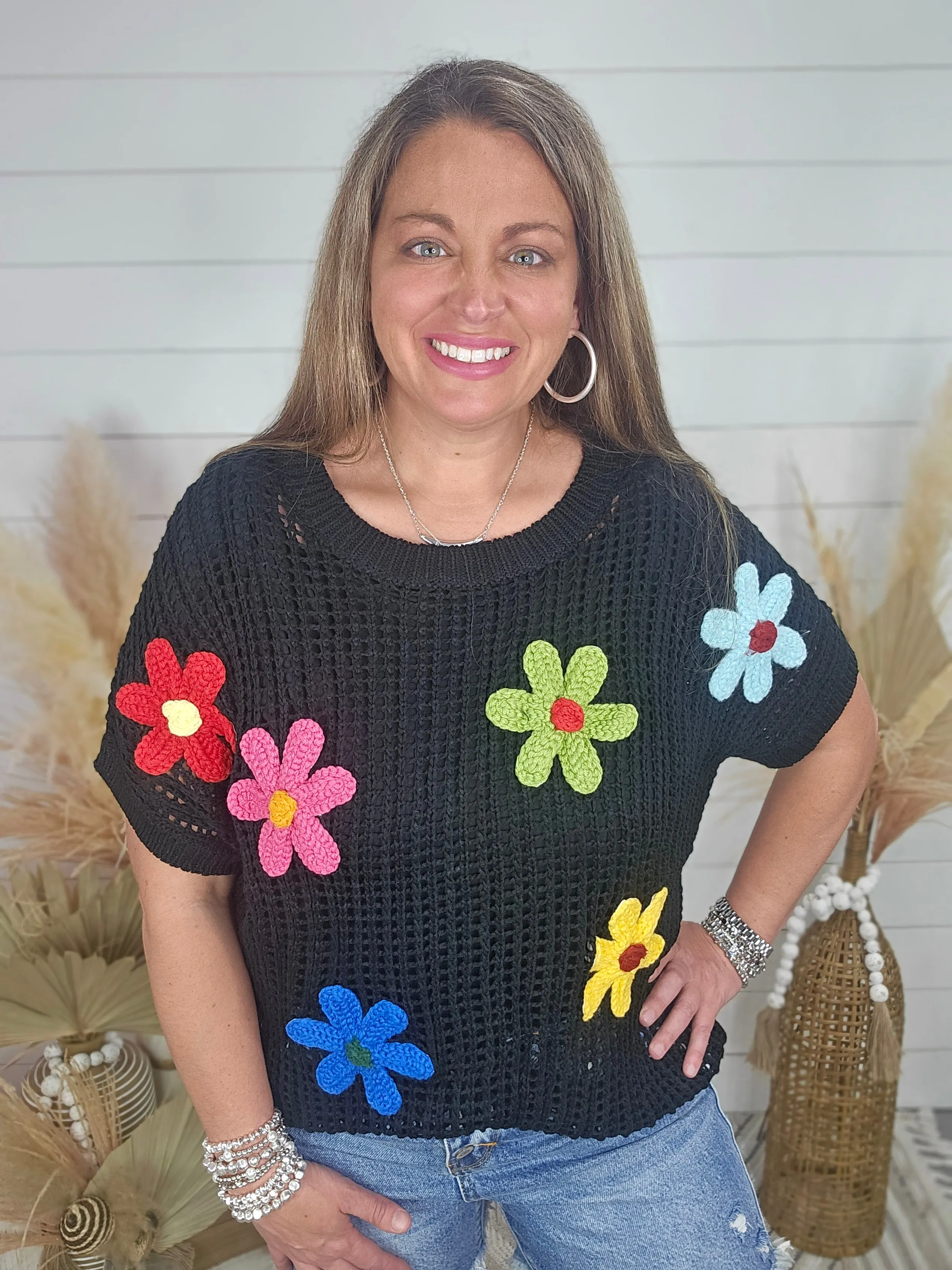 BLACK CROCHET TOP W/ BRIGHT FLORALS