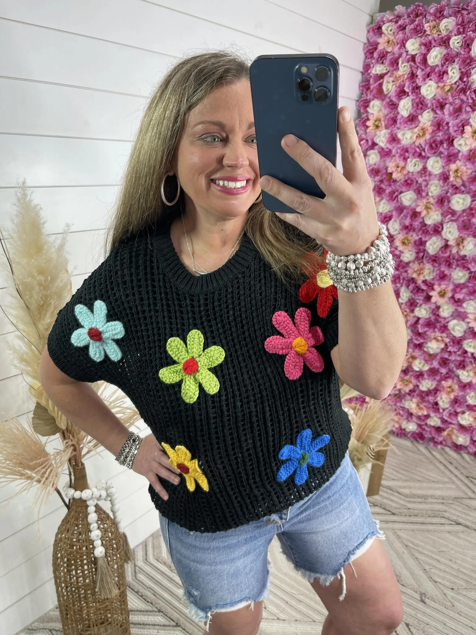 BLACK CROCHET TOP W/ BRIGHT FLORALS