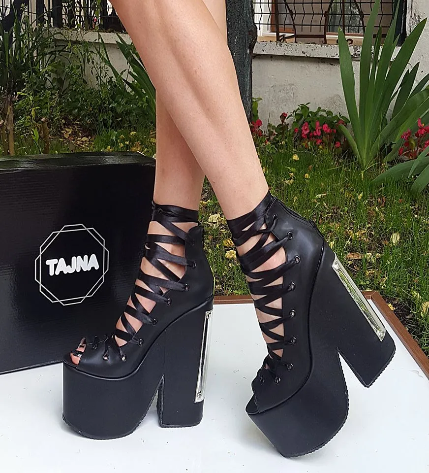 Black Platform Wedges Lace Up 20 cm High Heel Shoes