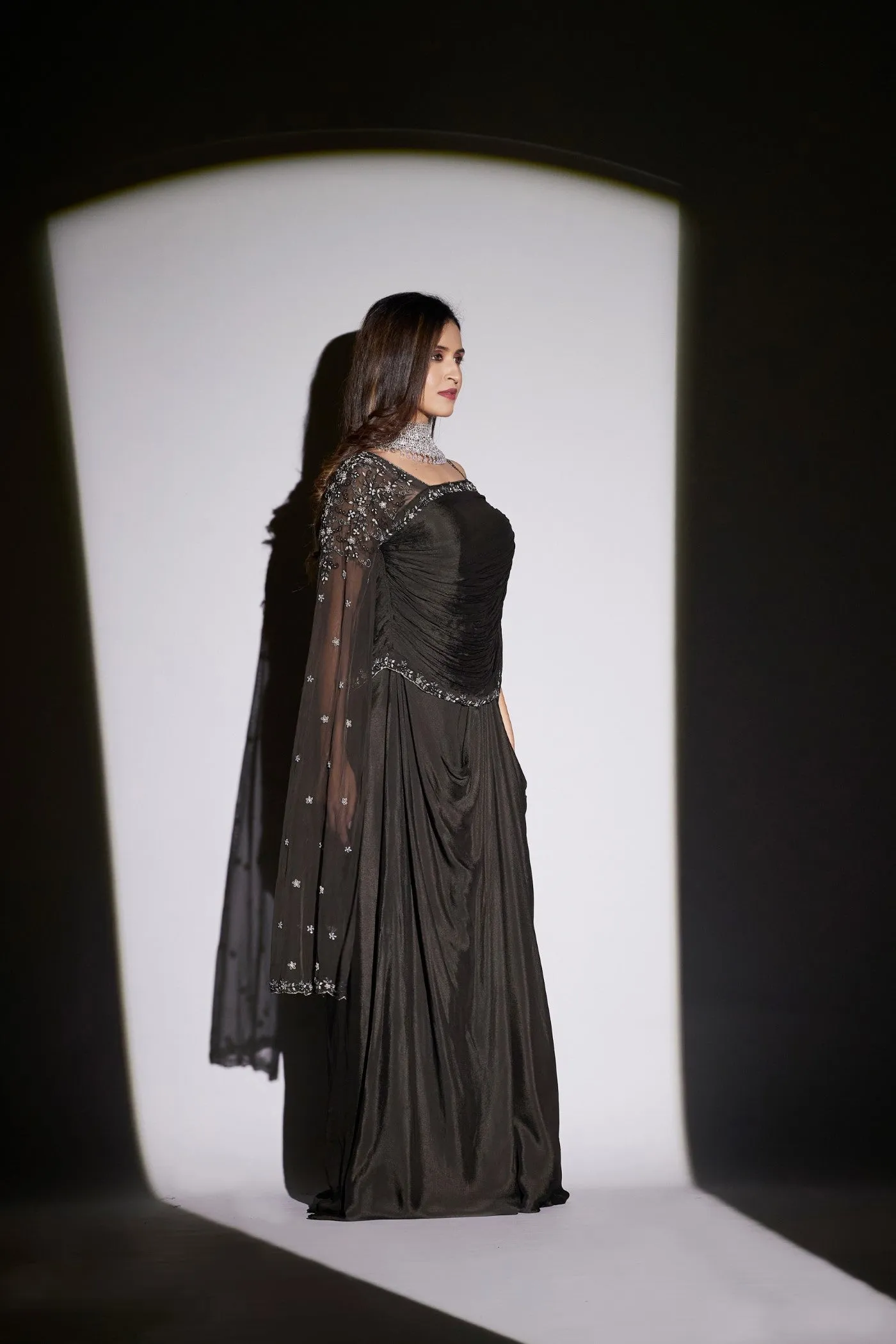 Black Pure Chinon Silk Draped Gown