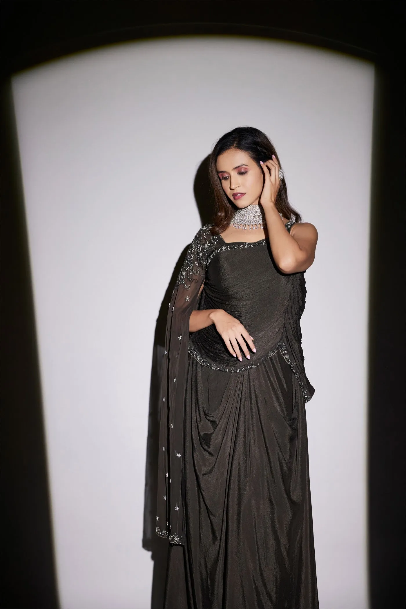 Black Pure Chinon Silk Draped Gown