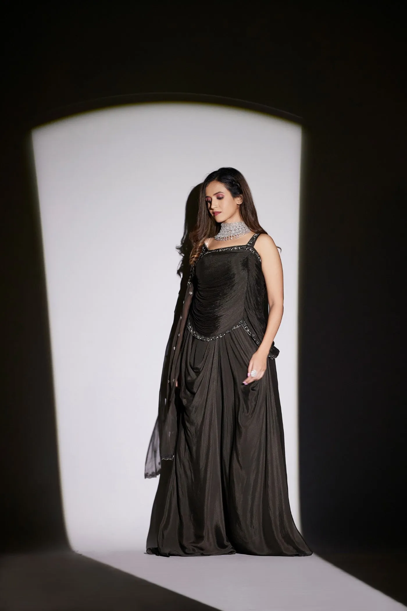 Black Pure Chinon Silk Draped Gown