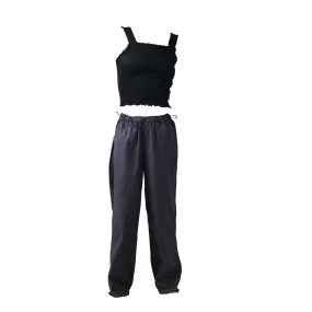 Black Ruffle Top & Gunmetal Parachute Pants