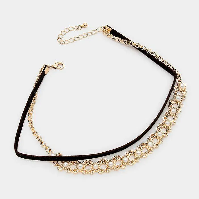 Black Suede and Gold Chain and Pearl Choker