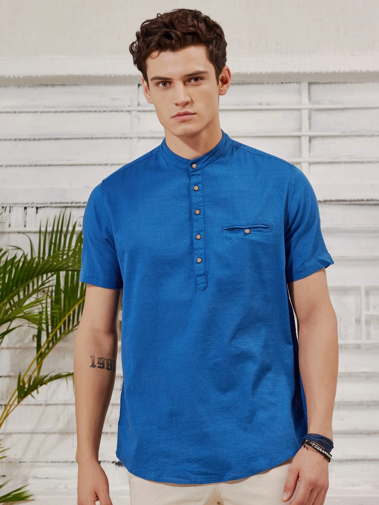 Blue Textured Short Sleeve Kurta