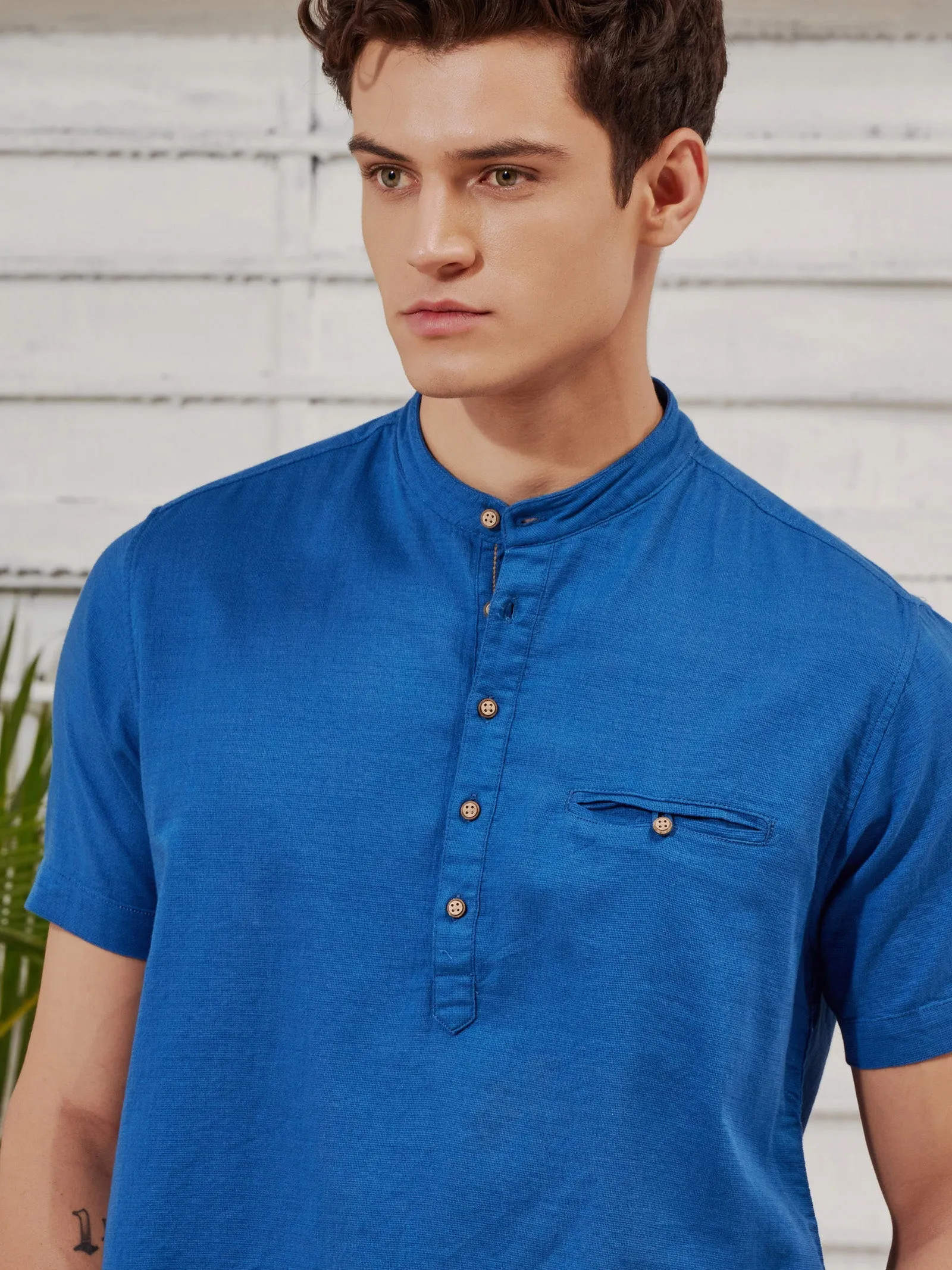 Blue Textured Short Sleeve Kurta