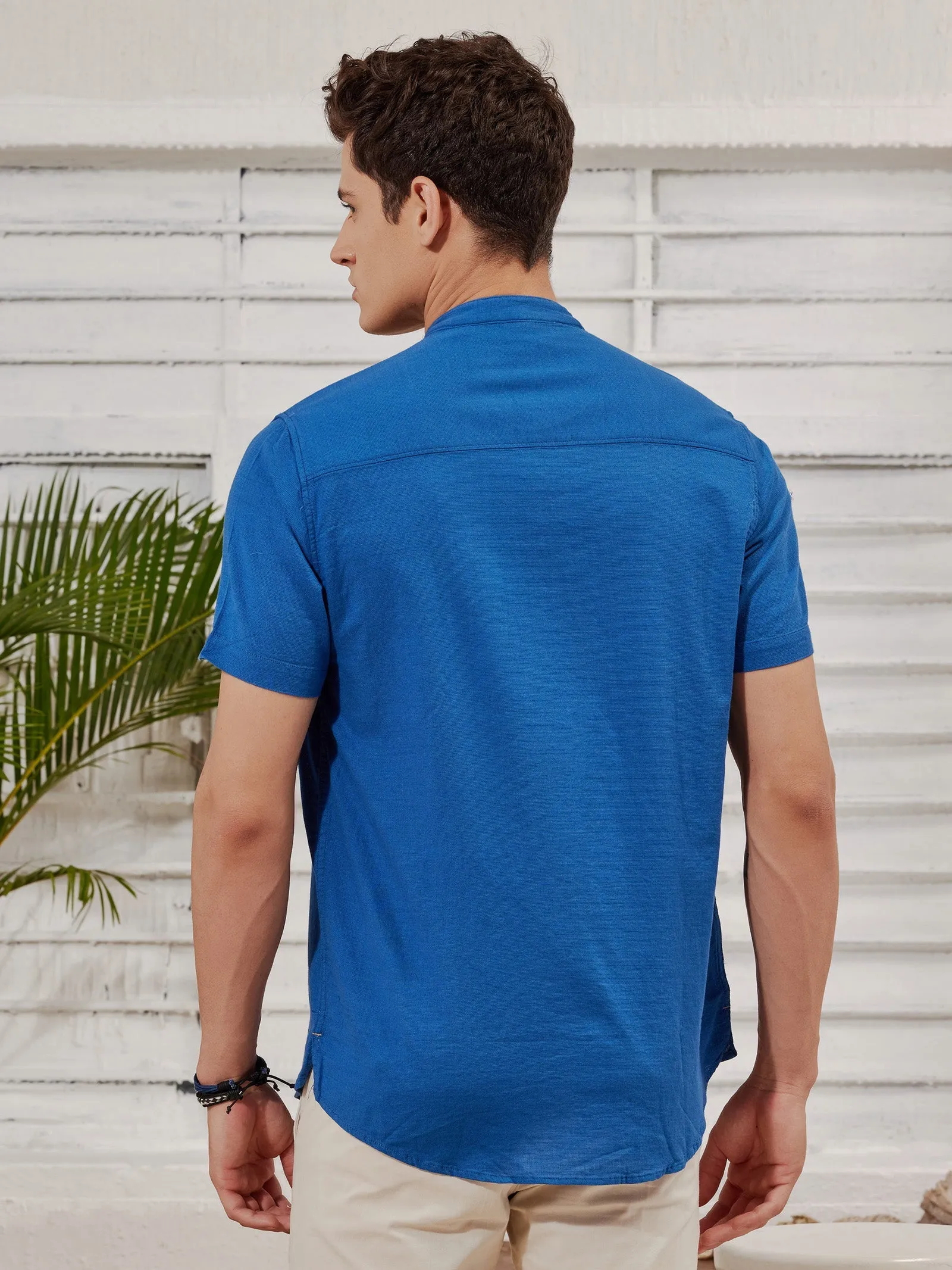 Blue Textured Short Sleeve Kurta