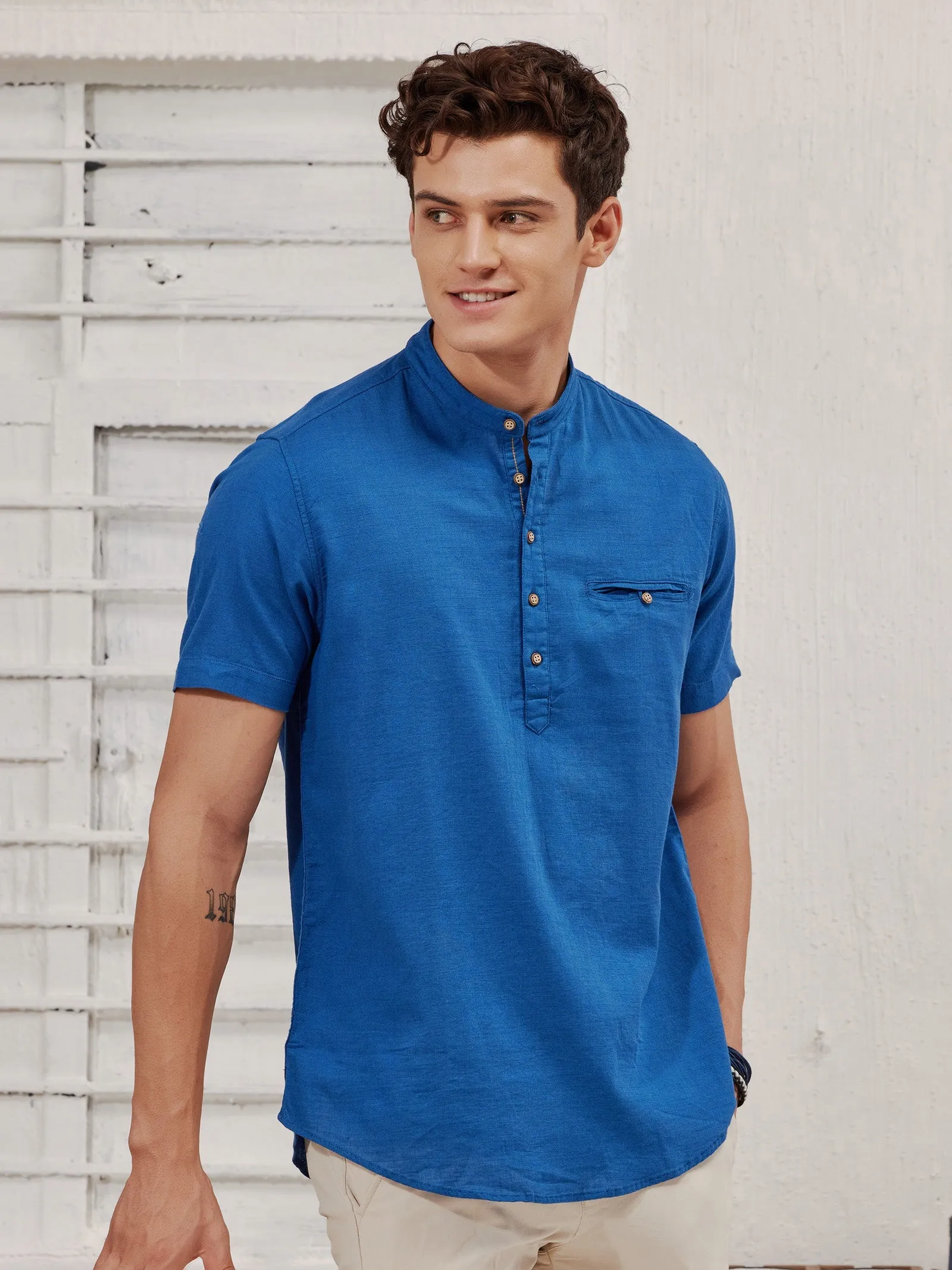 Blue Textured Short Sleeve Kurta