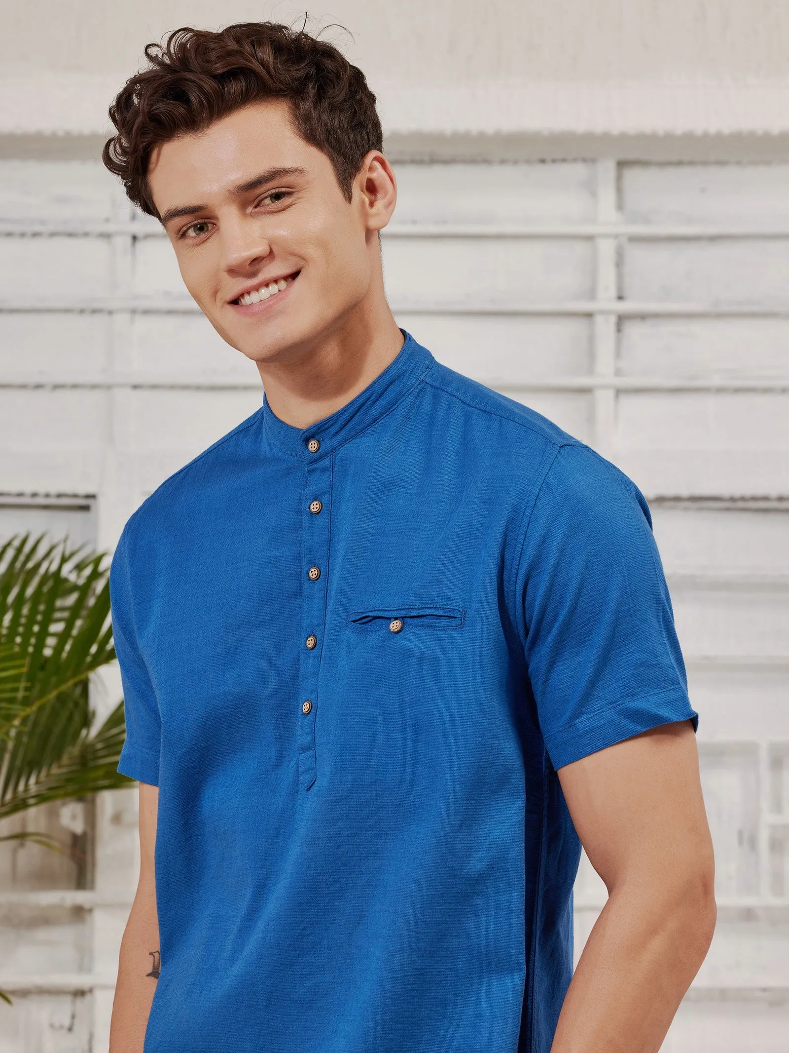 Blue Textured Short Sleeve Kurta