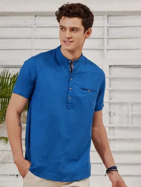 Blue Textured Short Sleeve Kurta