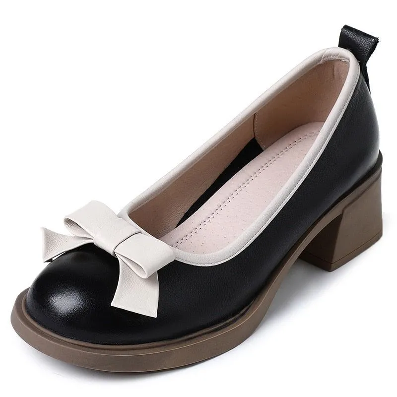 Bow Genuine Leather Fashion Pumps - Women's Casual Shoes DX218