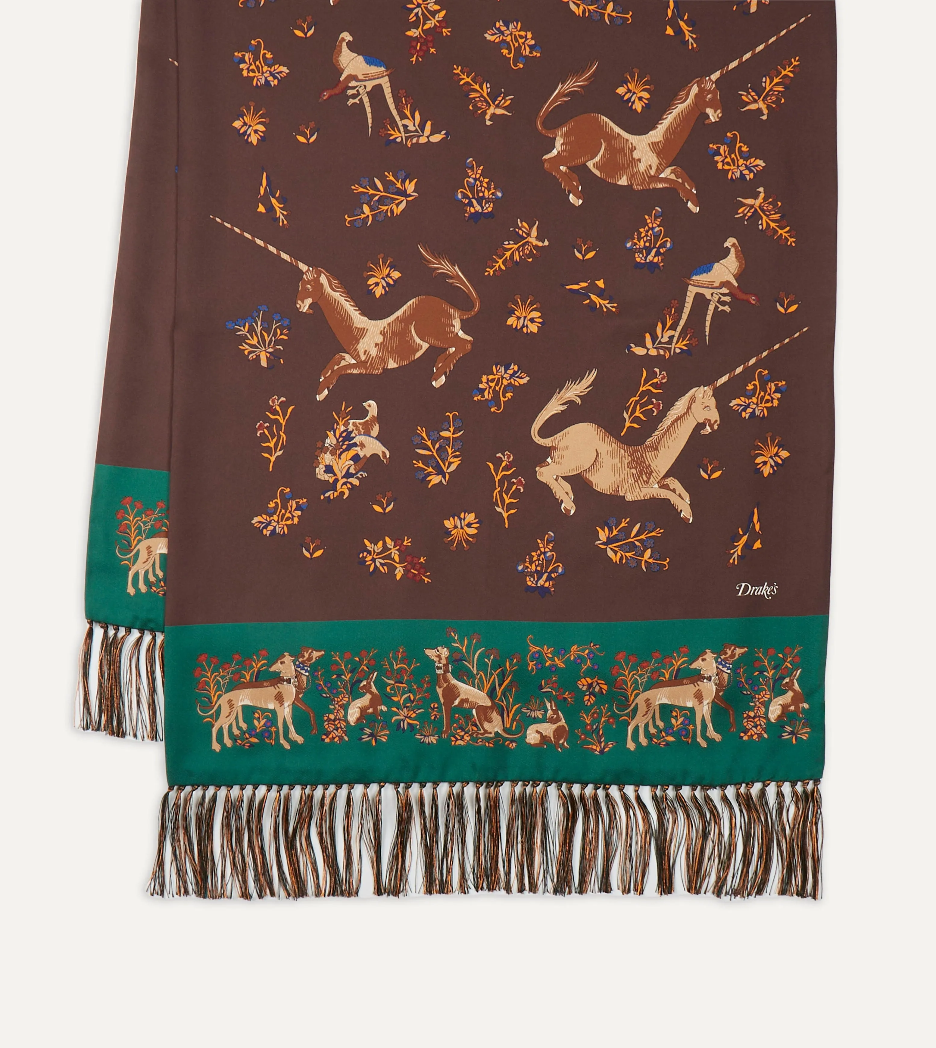 Brown Unicorn Print Tubular Silk Tasselled Scarf