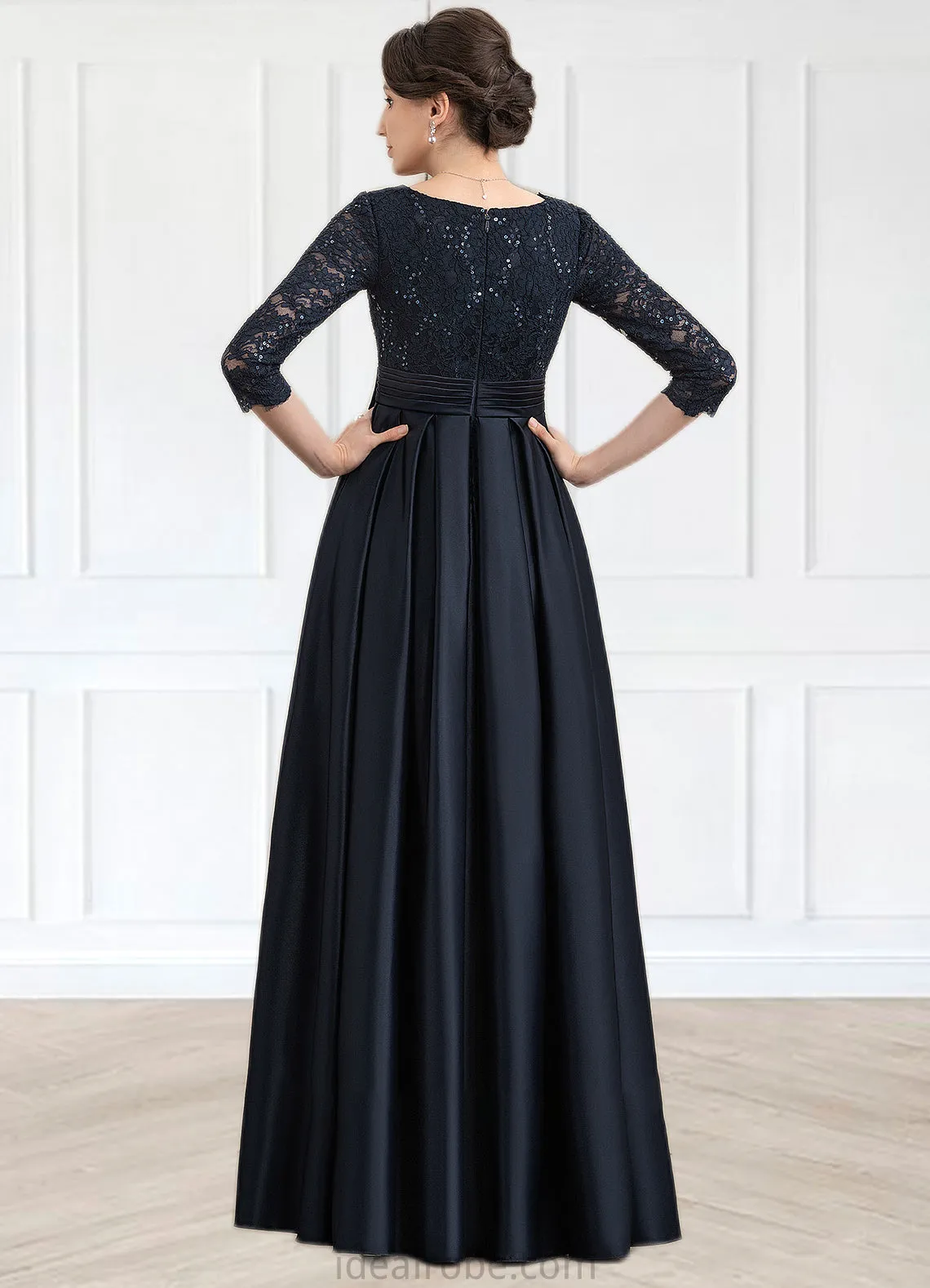 Carleigh A-Line V-neck Floor-Length Satin Lace Mother of the Bride Dress With Sequins Bow(s) Pockets STK126P0014820