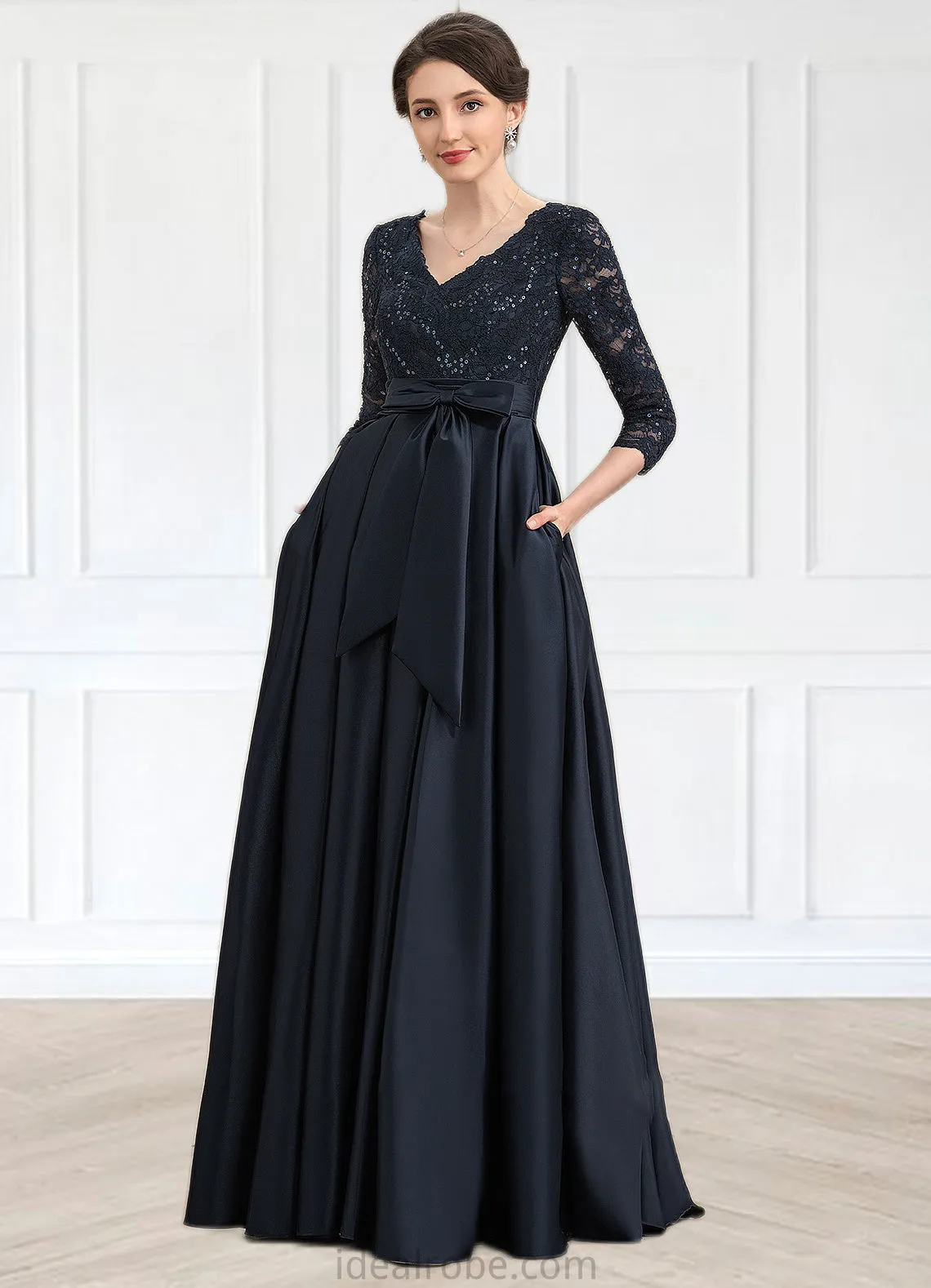 Carleigh A-Line V-neck Floor-Length Satin Lace Mother of the Bride Dress With Sequins Bow(s) Pockets STK126P0014820