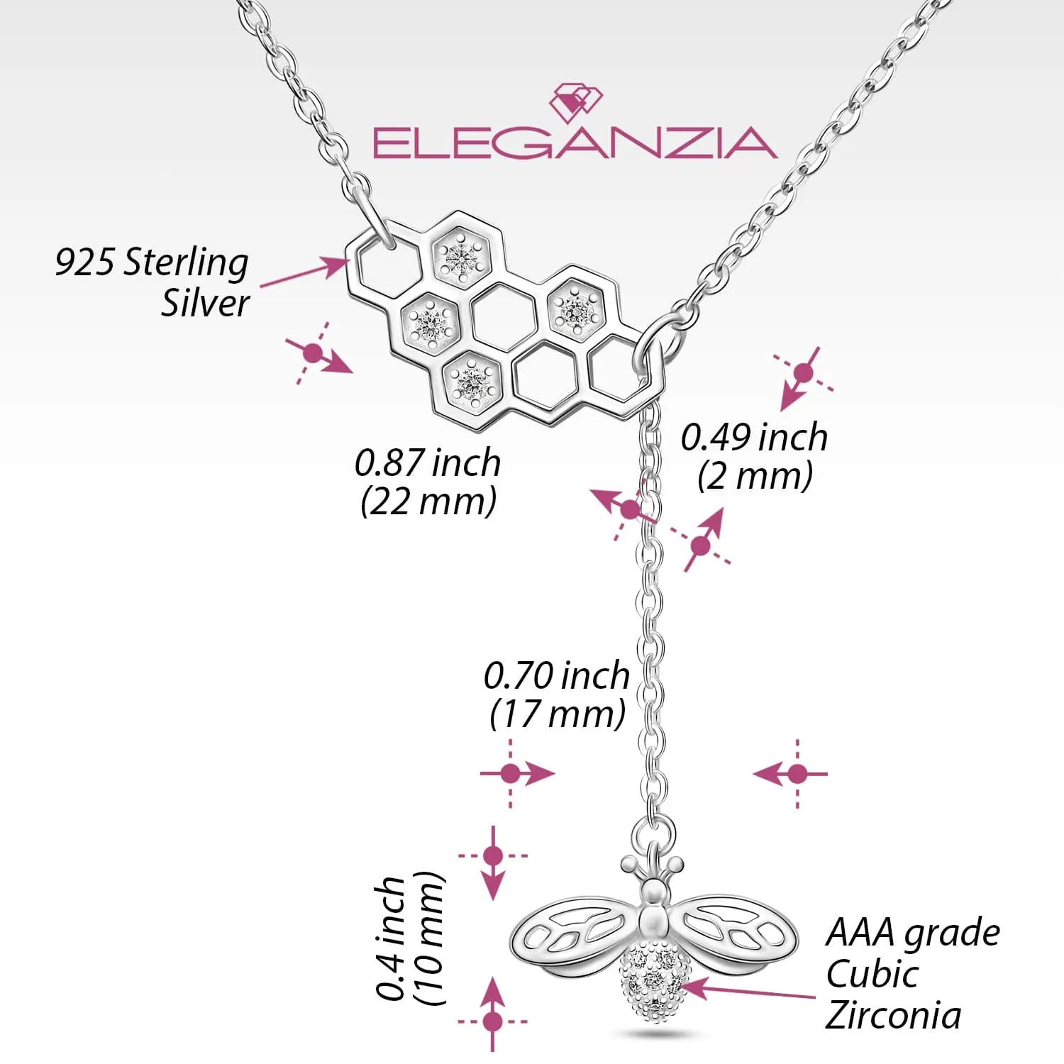 CZ Honeycomb Necklace with Bee Necklace Charm Silver