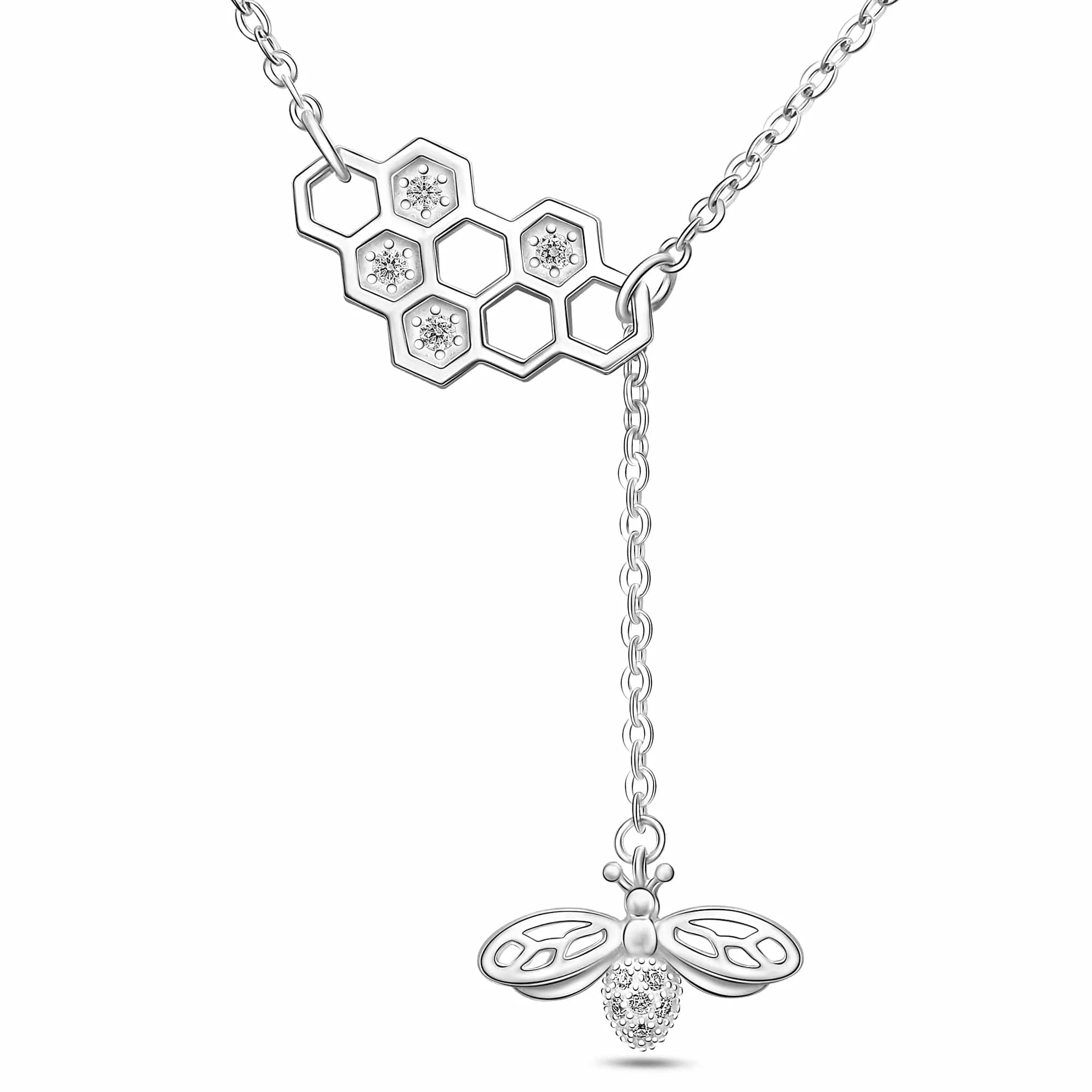 CZ Honeycomb Necklace with Bee Necklace Charm Silver