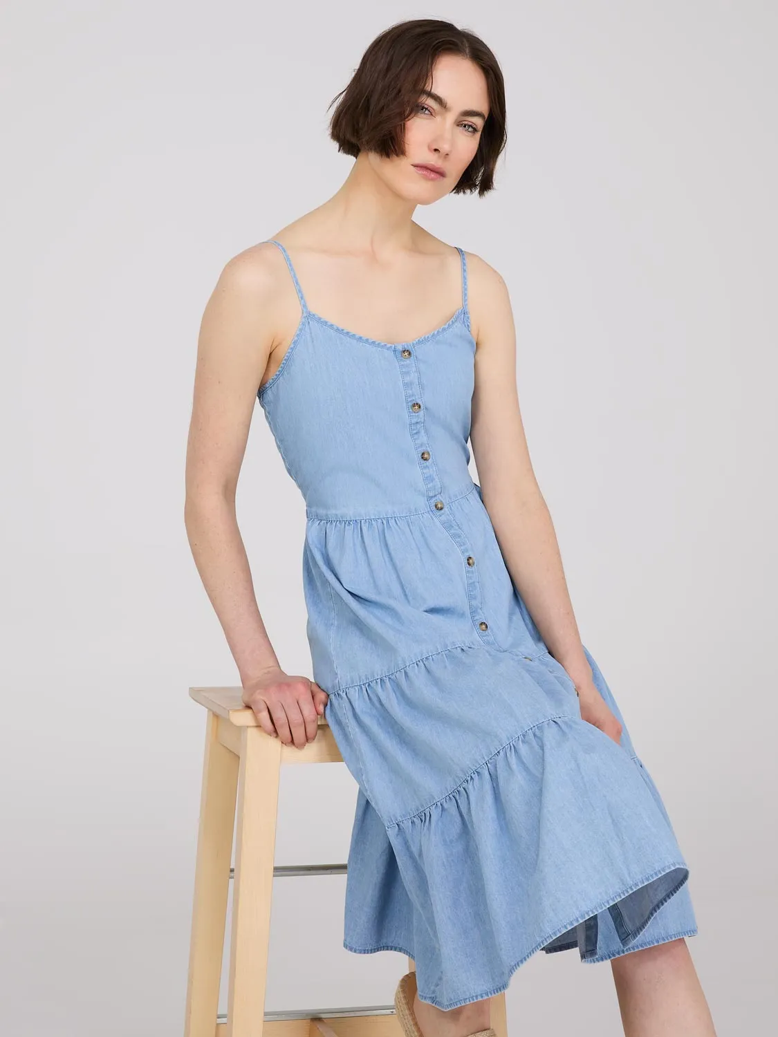 Denim Button-Front Tiered Dress