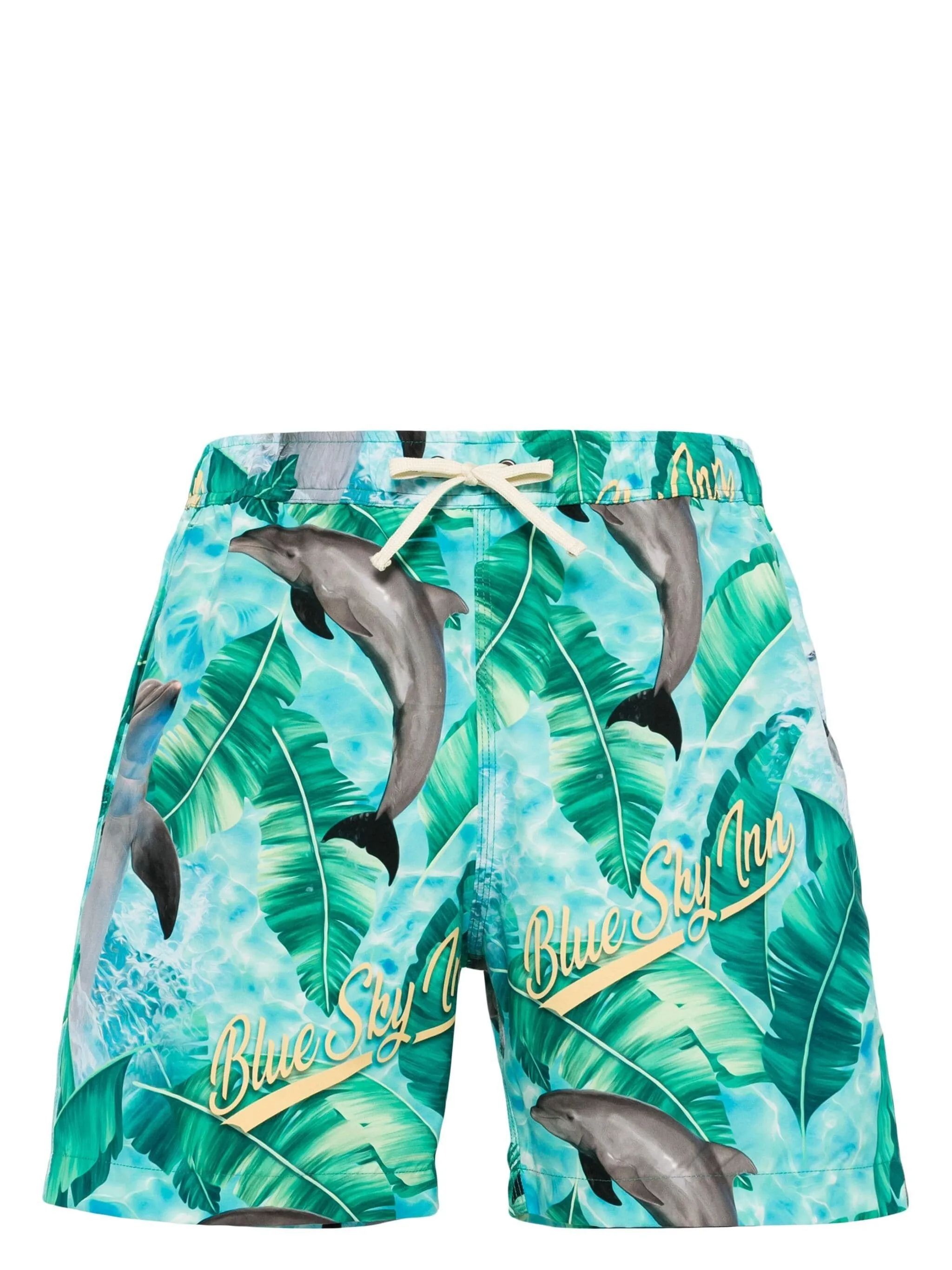 DOLPHIN-PRINT DRAWSTRING SWIM SHORTS