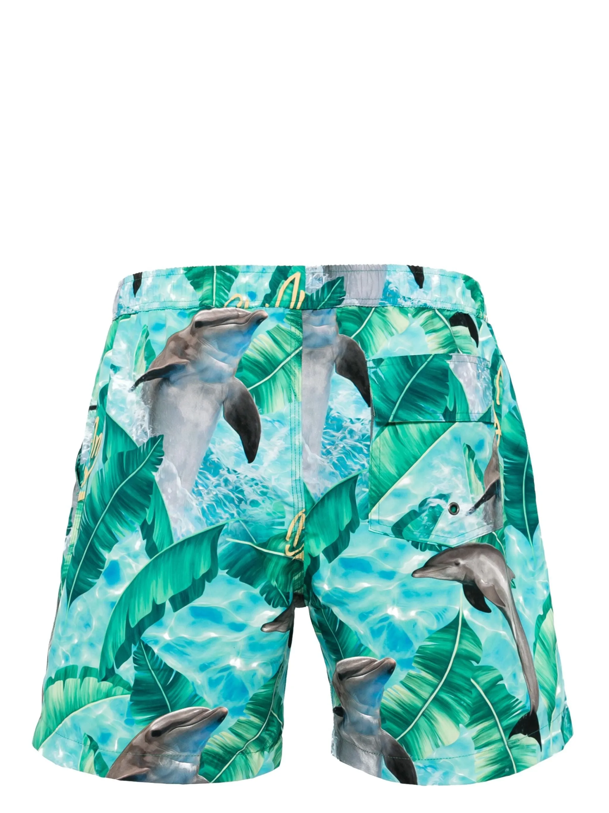 DOLPHIN-PRINT DRAWSTRING SWIM SHORTS