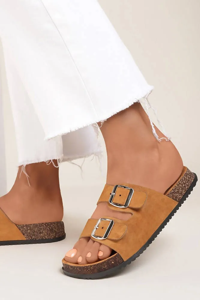 Double Buckle Suedette Footbed Sandal