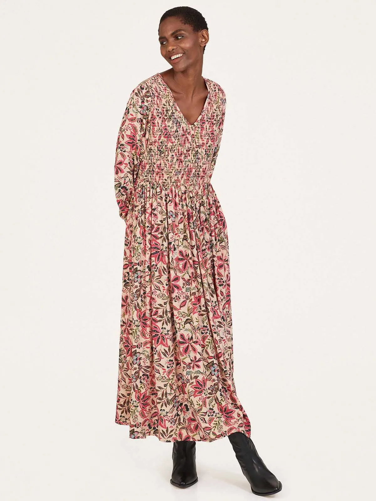 Faye Lenzing™ Ecovero™ Dobby Shirred Midi Dress  - Faded Rose Pink