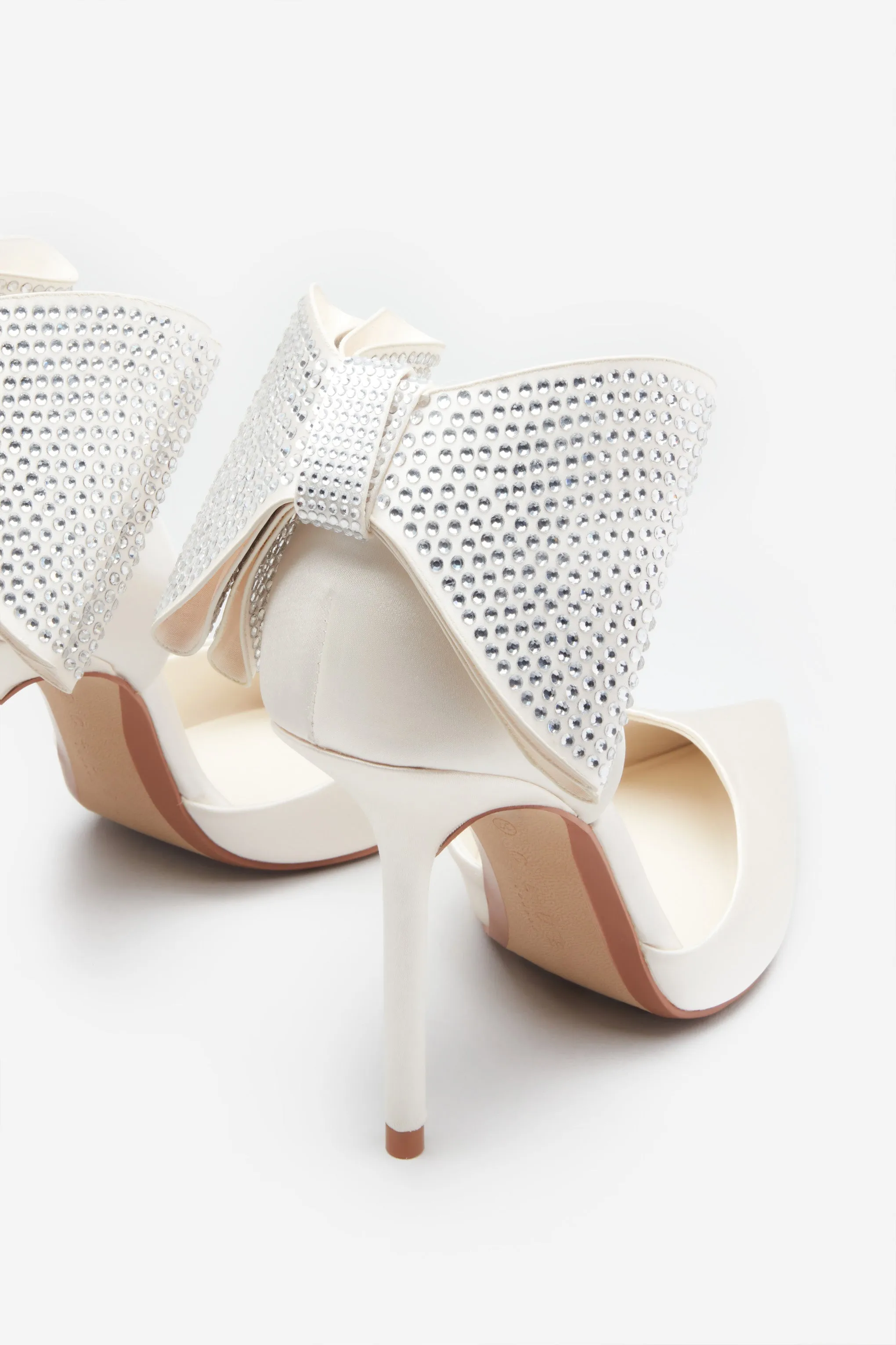 Flashing Lights | Ivory Satin Pointed Court Heels With Diamante Bows