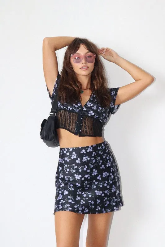 Floral Satin Top With Lace Waist