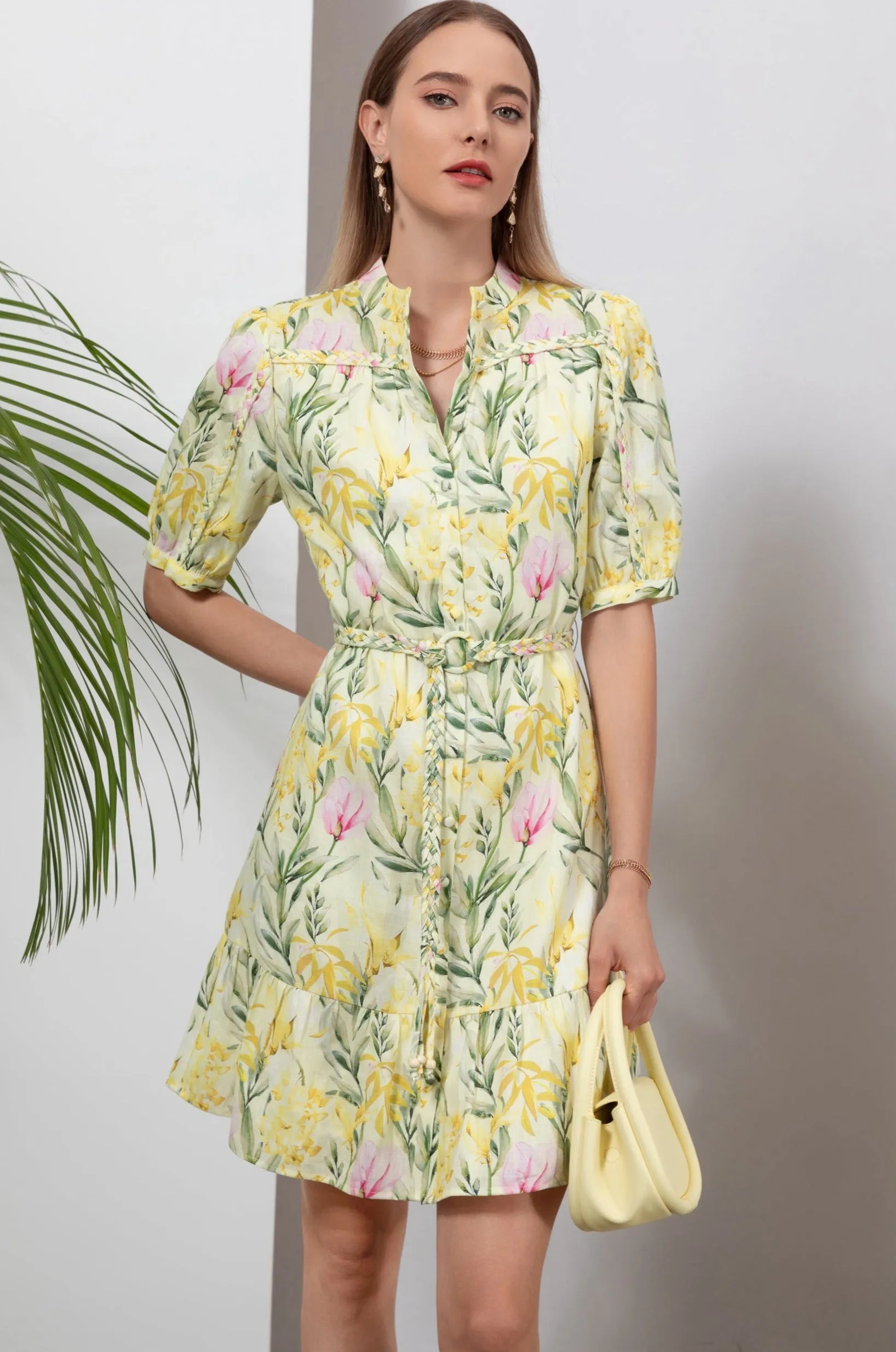 Frances Linen Short Dress - Yellow - GDS