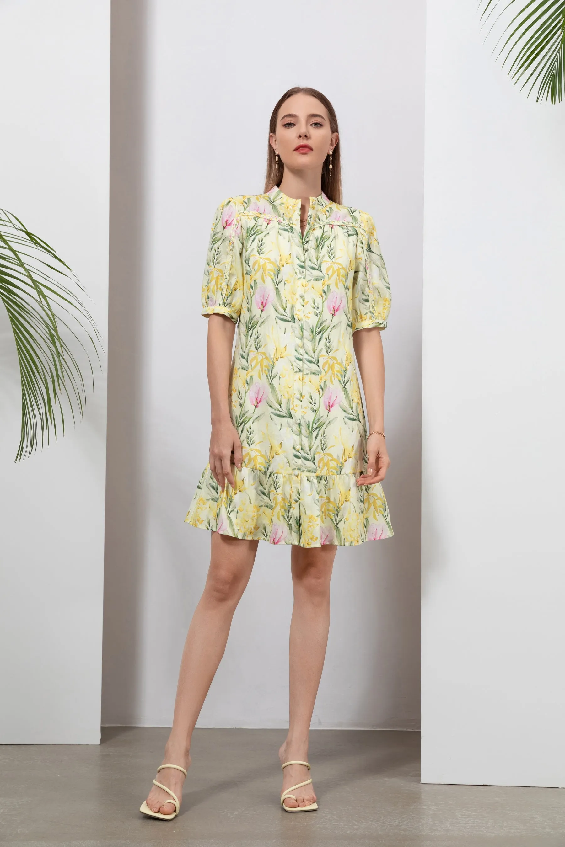 Frances Linen Short Dress - Yellow - GDS