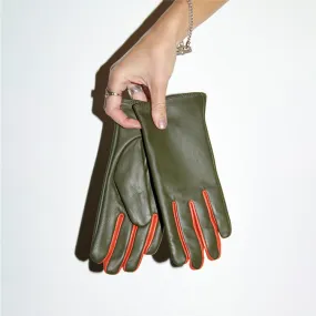 Khaki And Orange Leather Gloves