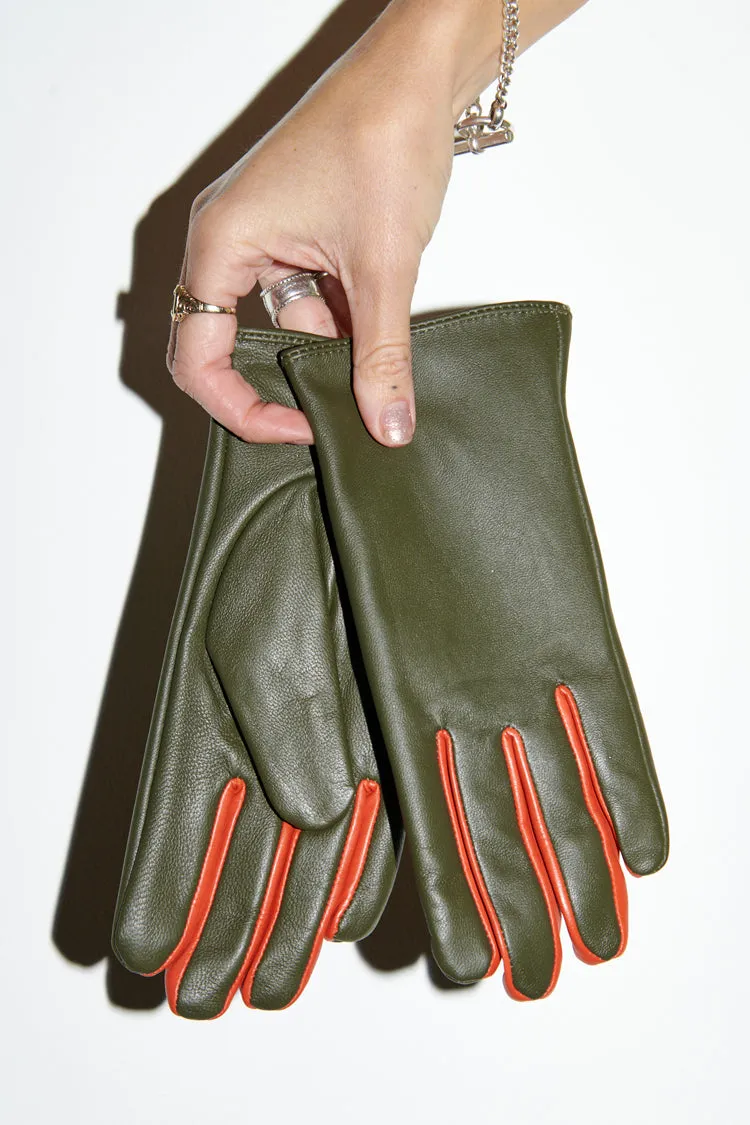 Khaki And Orange Leather Gloves