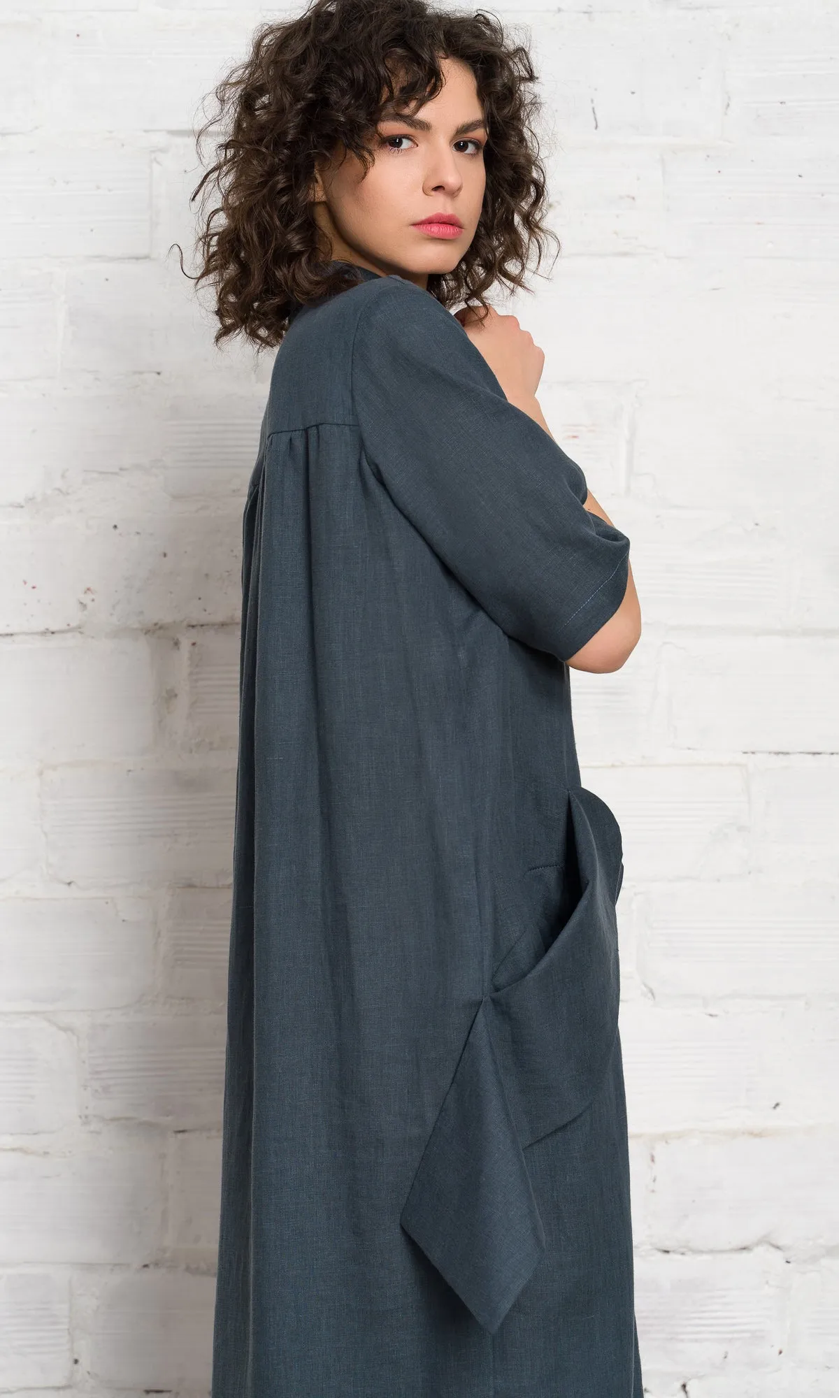 Linen Shirt Dress with Flap Pockets