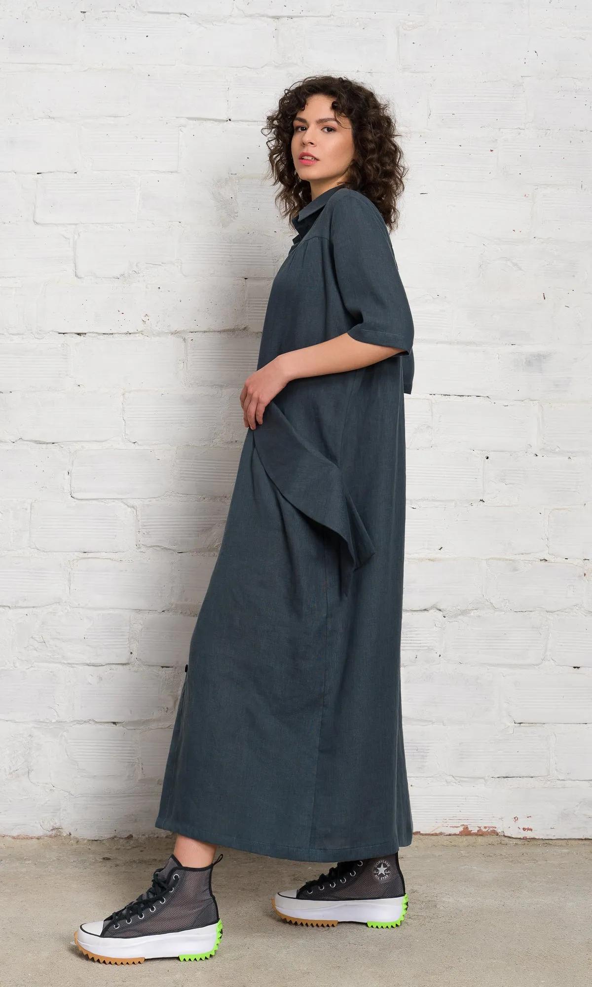 Linen Shirt Dress with Flap Pockets