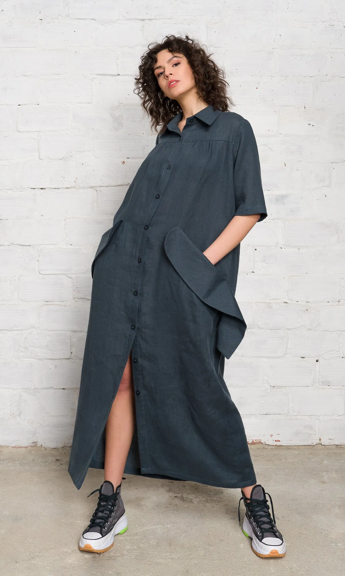 Linen Shirt Dress with Flap Pockets