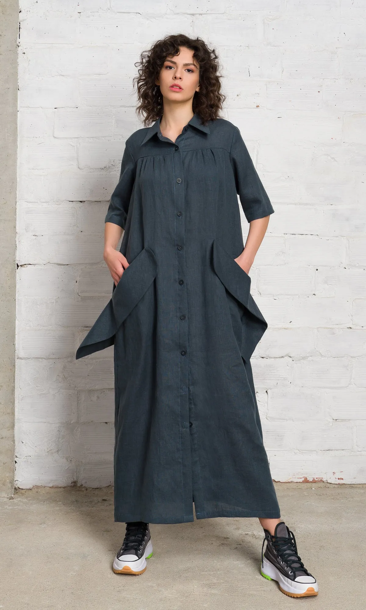 Linen Shirt Dress with Flap Pockets